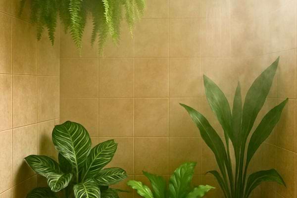 plantes vertes disposees dans une salle de bain avec vapeur et carrelage beige
