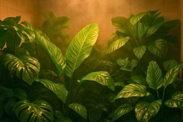 grandes plantes tropicales vertes dans une piece avec lumiere chaude et ambiance humide