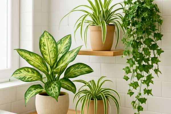 plusieurs plantes vertes en pots posees sur une etagere pres dune fenetre