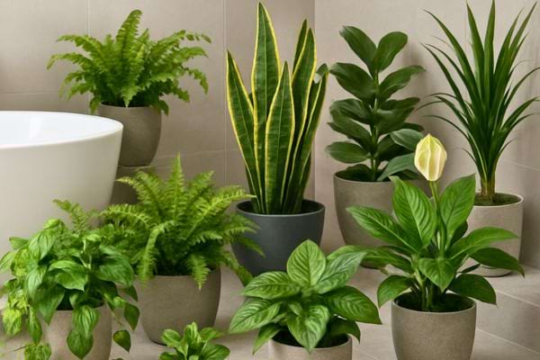 plusieurs plantes vertes en pots placees pres dune baignoire dans une salle de bain