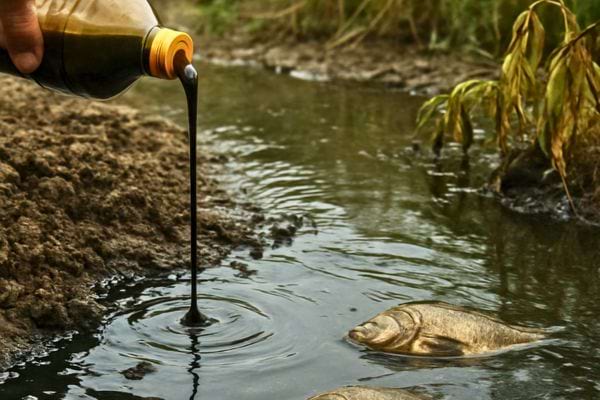 de lhuile noire est versee dans une riviere ou des poissons morts flottent