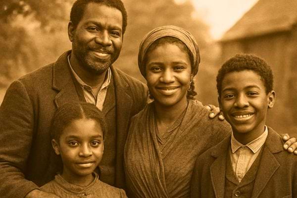 Une personne observe une ancienne photo de famille avec une loupe sur un bureau.