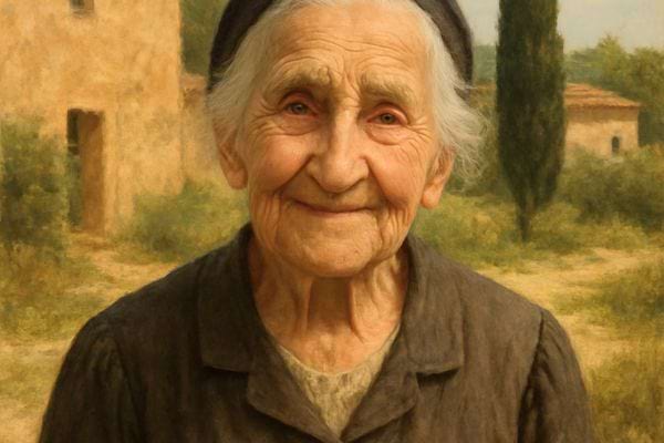 portrait dune femme agee souriante devant des maisons et des arbres en arriere plan