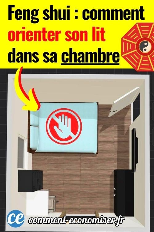 Lit mal orient&eacute; en feng shui dans une petite chambre vue du dessus