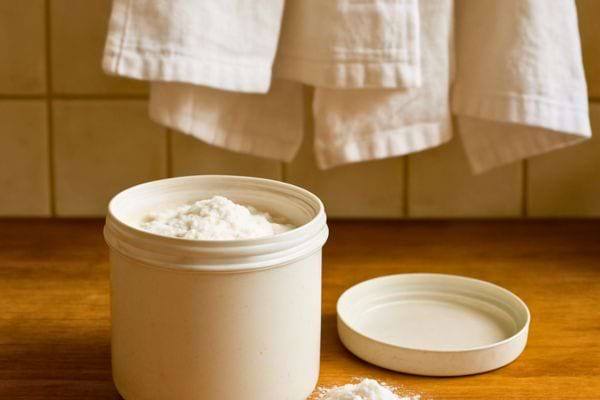 Un pot de poudre blanche est pose sous des serviettes suspendues.