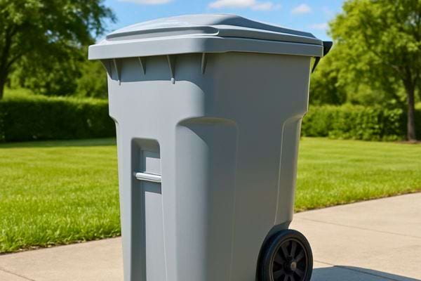 une grande poubelle grise a roulettes posee sur une allee devant une pelouse