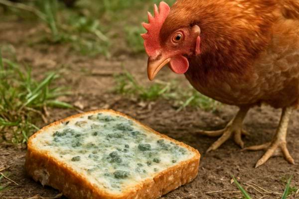 Une poule observe une tranche de pain moisi posee sur la terre