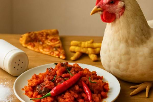 Une poule pres dune assiette epicee avec piment et restes de nourriture