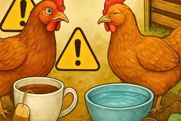 Deux poules pres de tasses et bols avec panneau danger en arriere plan