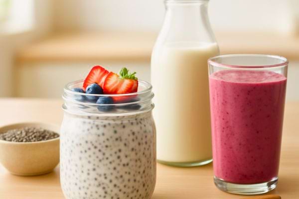 un pudding de chia garni de fraises et myrtilles avec une bouteille de lait et un smoothie rose