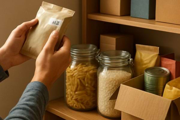 une personne range un sachet daliments secs sur une etagere avec des bocaux de riz et pates