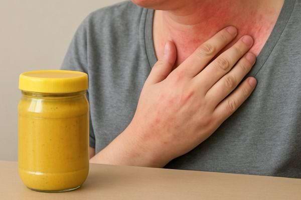 personne se tenant la gorge avec rougeurs visibles et pot de moutarde pose sur une table