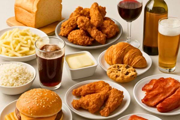 table remplie de plats de fast food avec burger frites poulet frit boissons pain et viennoiseries