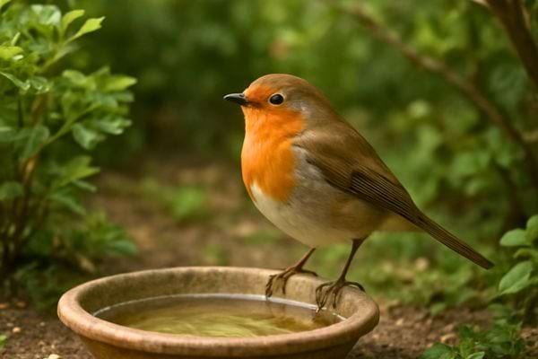 rougegorge debout au bord dun petit abreuvoir en terre cuite dans un jardin verdoyant