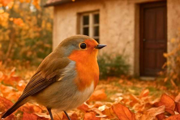 rougegorge pose devant une maison avec feuilles mortes oranges couvrant le sol en automne