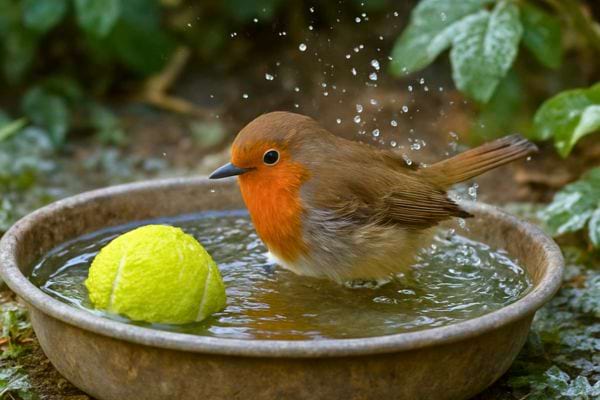 rougegorge se baignant dans un abreuvoir avec une balle de tennis flottante et eclaboussures visibles