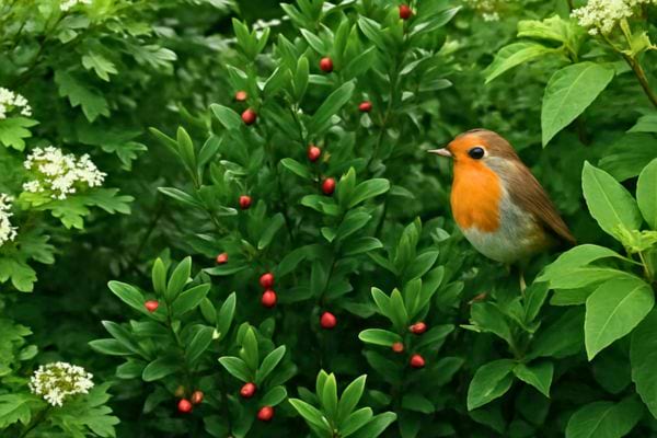 rougegorge pose dans un buisson vert avec petites baies rouges entoure de feuillage dense