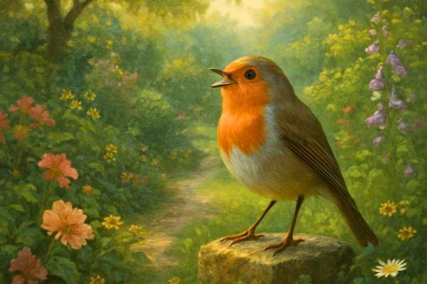 rougegorge perche sur une pierre dans un jardin fleuri avec lumiere douce et chemin verdoyant en arriere plan