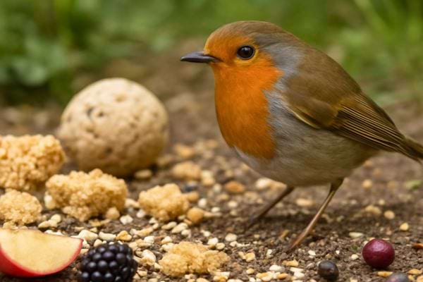 rougegorge au sol pres de graines fruits et boules de graisse destinees a lalimentation des oiseaux