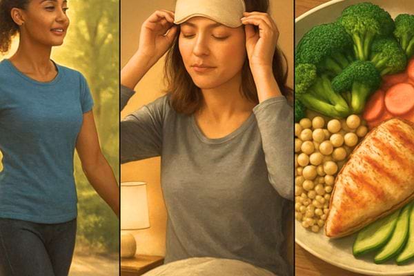 montage montrant marche sommeil et repas equilibre comme conseils de sante