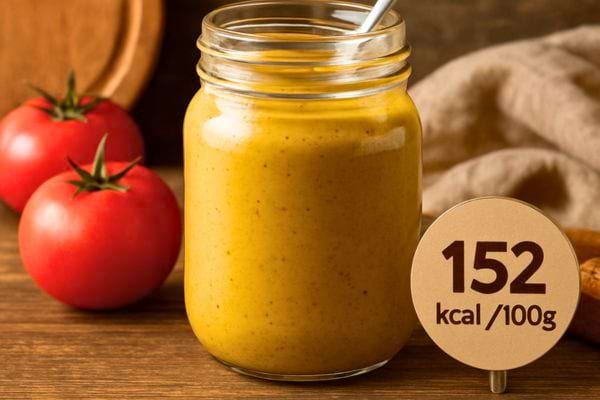 pot de sauce moutarde avec indication calorique et tomates fraiches en arriere plan