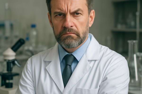 scientifique en blouse blanche au regard serieux debout dans un laboratoire equipe de materiel scientifique