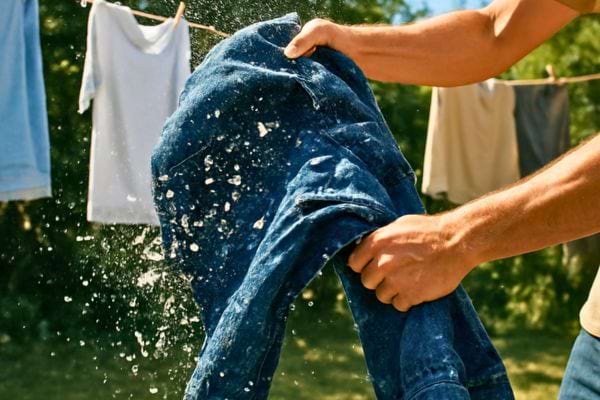 personne secouant une veste bleue pleine de peluches devant un fil a linge dehors