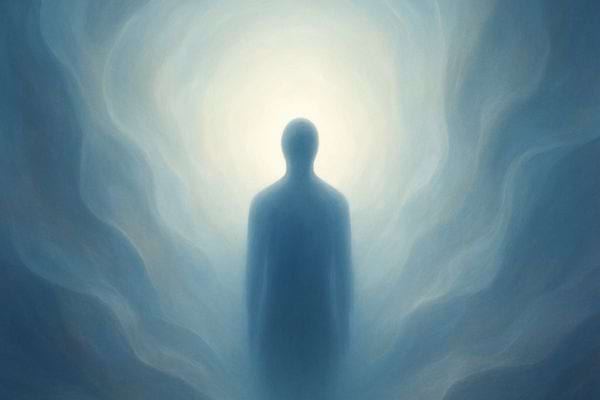 Silhouette humaine dans une lumiere blanche entouree de brume