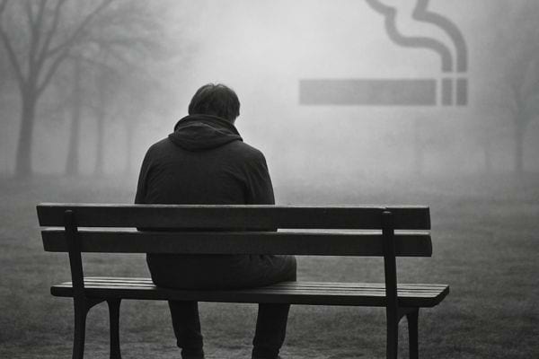 un homme assis seul sur un banc dans un parc brumeux avec un symbole de fumee