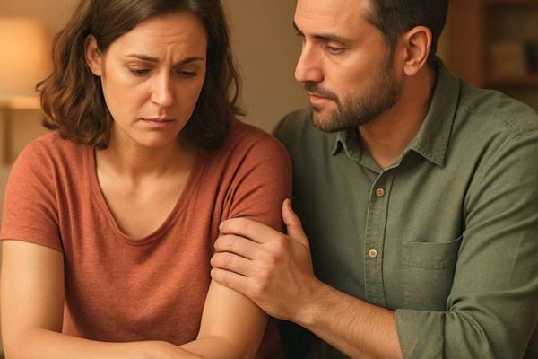 un homme pose la main sur le bras dune femme triste assise a une table