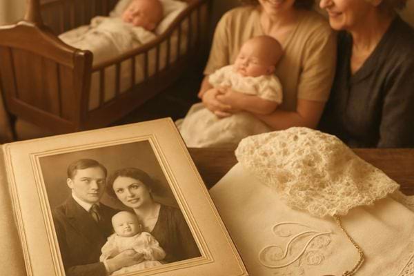 photo ancienne carnet et bebe entoure de femmes assises evoquant la transmission familiale et la memoire