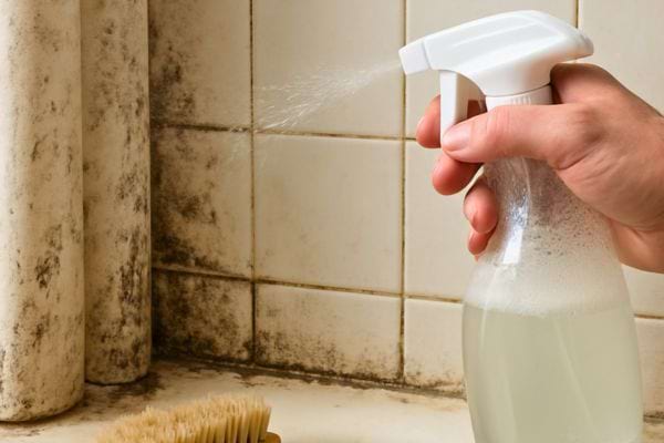 Main pulverisant produit sur carrelage avec traces de moisissure dans salle de bain.