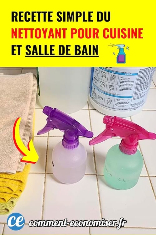 deux flacons spray maison poses sur carrelage avec chiffons a cote