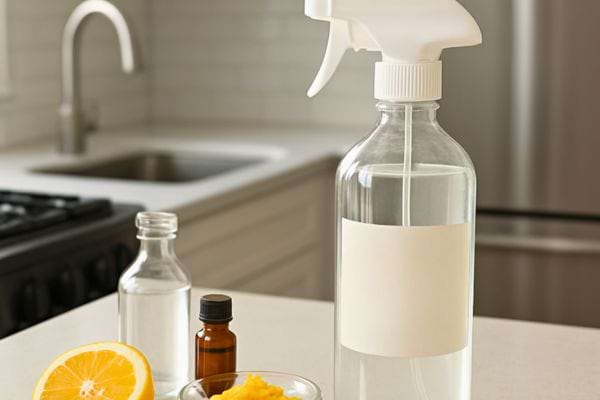 Flacon spray rempli de liquide clair sur un plan de travail avec citron et petite bouteille a cote.