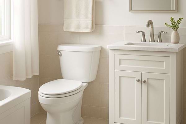 Salle de bain claire avec wc blanc, meuble lavabo et serviette beige suspendue.