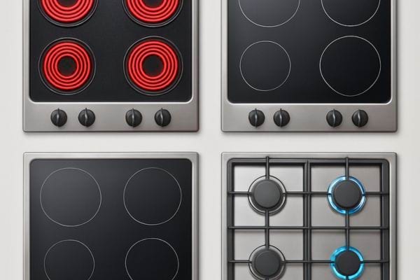 comparaison de plaques de cuisson electrique vitroc&eacute;ramique induction et gaz vues du dessus