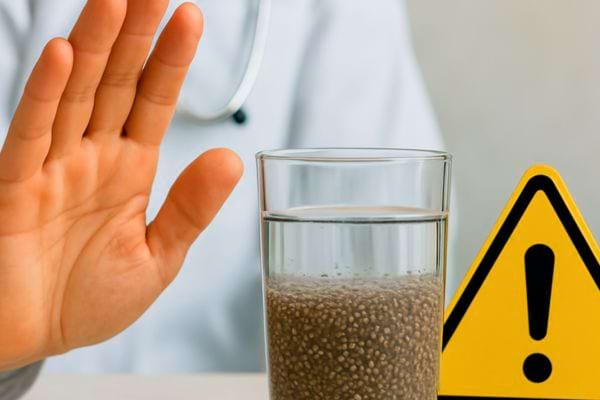 un verre de graines de chia dans leau avec une main en signe stop et un panneau attention