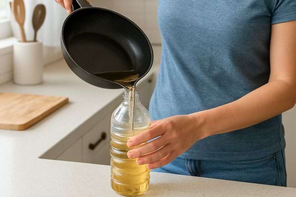 une femme transvase de lhuile de friture dans une bouteille pour la conserver