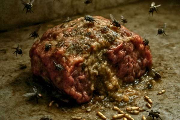 Un morceau de viande pourrie entoure de mouches et asticots