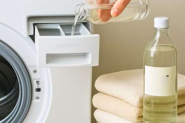 vinaigre verse dans le bac a lessive dune machine a laver avec serviettes propres a cote