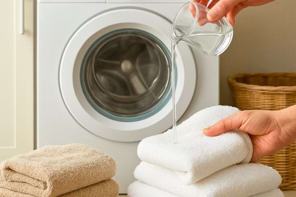 Liquide verse sur serviettes blanches devant machine a laver pour entretien du linge.