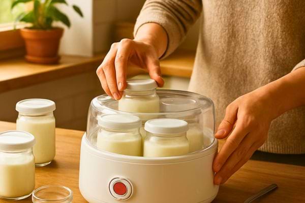 plusieurs pots en verre places dans une yaourtiere sur un plan de travail