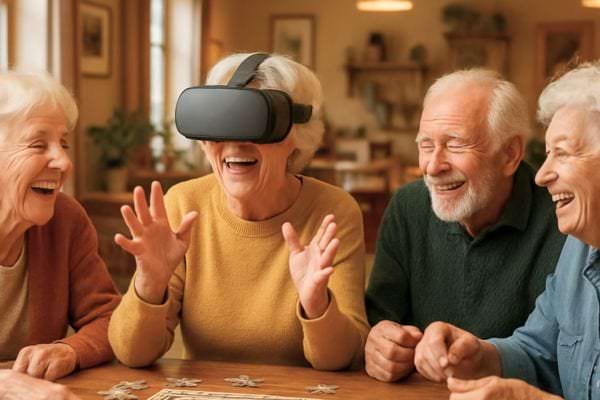 des seniors rient autour dune femme portant un casque de realite virtuelle a table