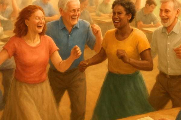 plusieurs adultes rient et celebrent ensemble dans une atmosphere lumineuse