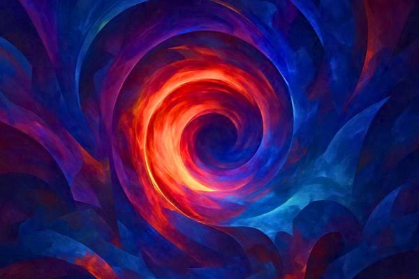 une spirale abstraite rouge et bleue cree un effet de profondeur dynamique