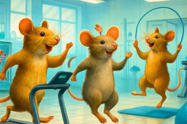 trois souris dessinees sautent et font du sport dans une salle de fitness
