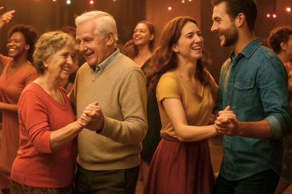 deux couples de generations differentes dansent et sourient dans une ambiance chaleureuse