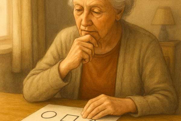 une femme agee regarde des formes dessinees sur une feuille avec un air concentre et pensif