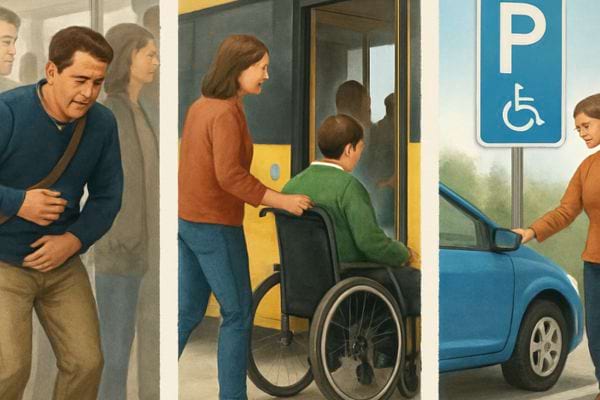 illustration de personnes utilisant un fauteuil roulant et un parking reserve