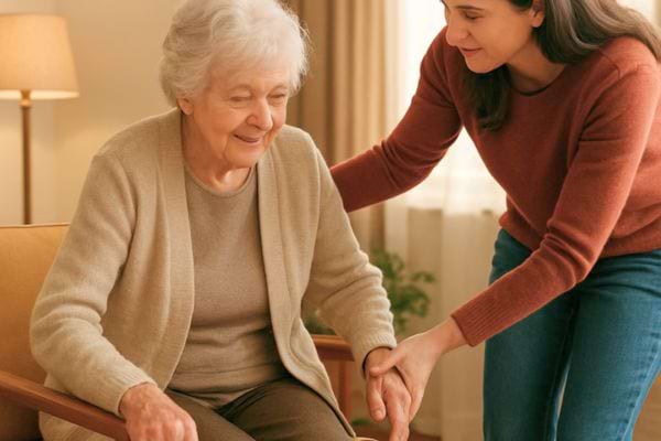 une femme aide une personne agee a se lever d une chaise a la maison